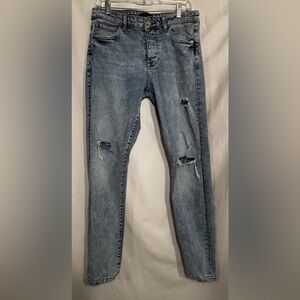 MENS SIZE 33 FOREVER 21 DISTRESSED DENIM BLUE JEANS ACTUAL 32 X 30